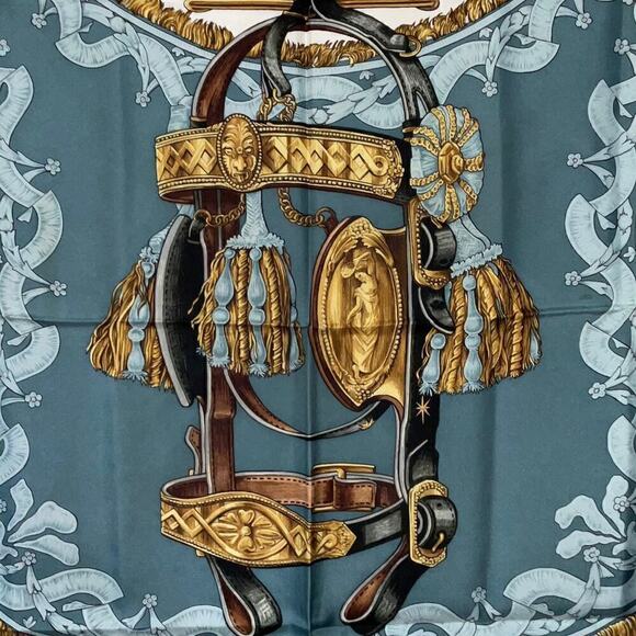 Hermes  Bride de Cour Brown, Blue, White, and Gold 100% Silk Scarf 90cm Square - Picture 13 of 16